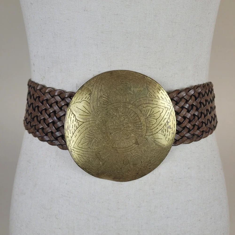 Brown Leather Belt Med Medallion Buckle Floral Etched Boho Boho Artisan Hippie